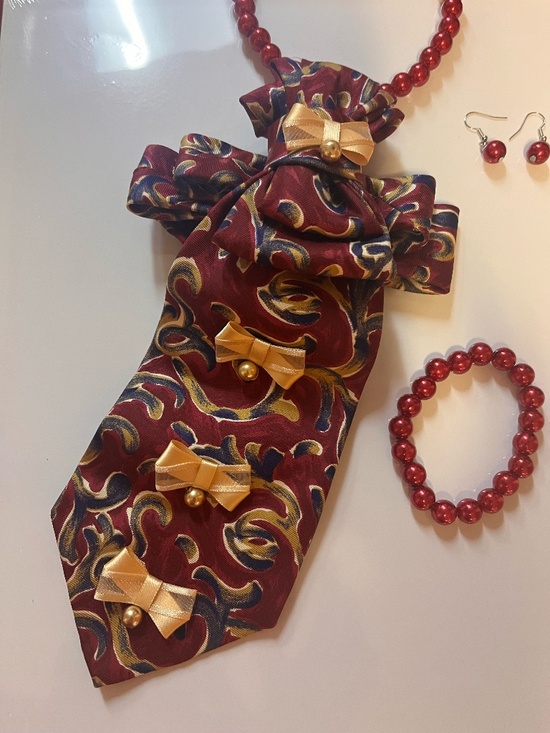 Accessories - Red Tie Necklace With Gold Bows